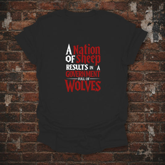 Nation of Sheep Anti-Conformity Political T-Shirt in Black, flat lay mockup