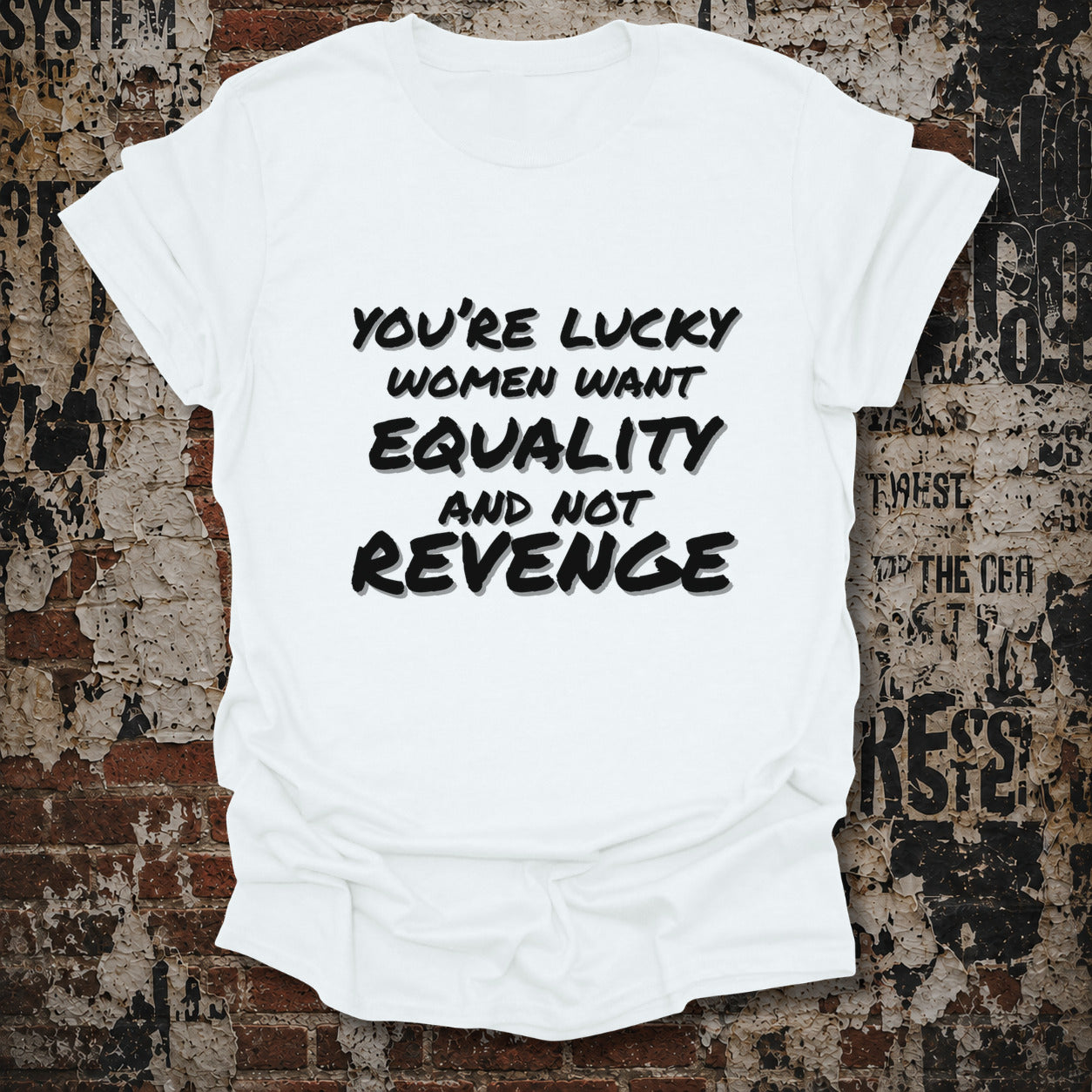 A white short-sleeve graphic t-shirt with black text reading 'YOU'RE LUCKY WOMEN WANT EQUALITY AND NOT REVENGE', displayed flat against a distressed, textured brick wall background.
