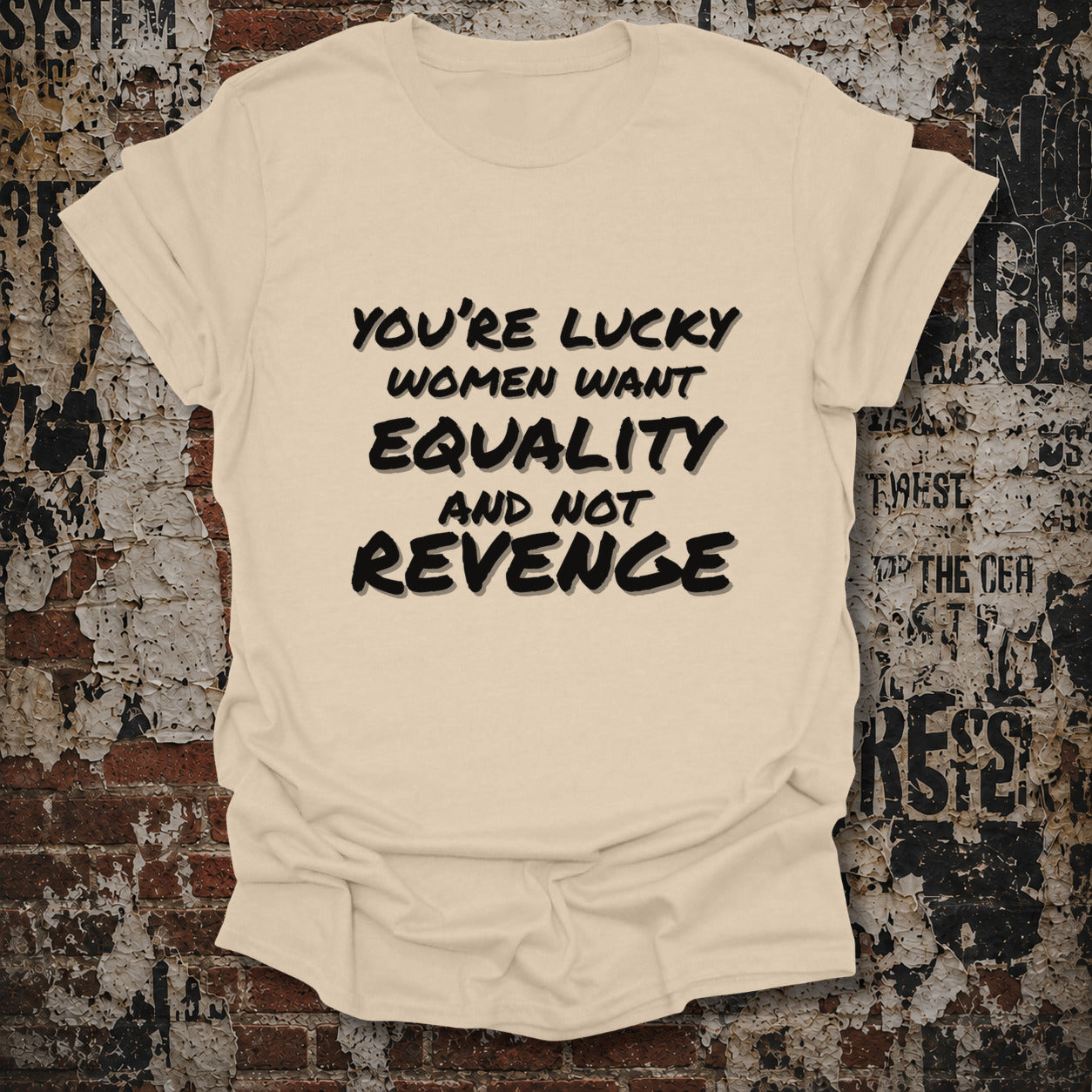 A cream-colored short-sleeve t-shirt with black text reading 'YOU'RE LUCKY WOMEN WANT EQUALITY AND NOT REVENGE', displayed flat against a distressed brick and graffiti wall background.