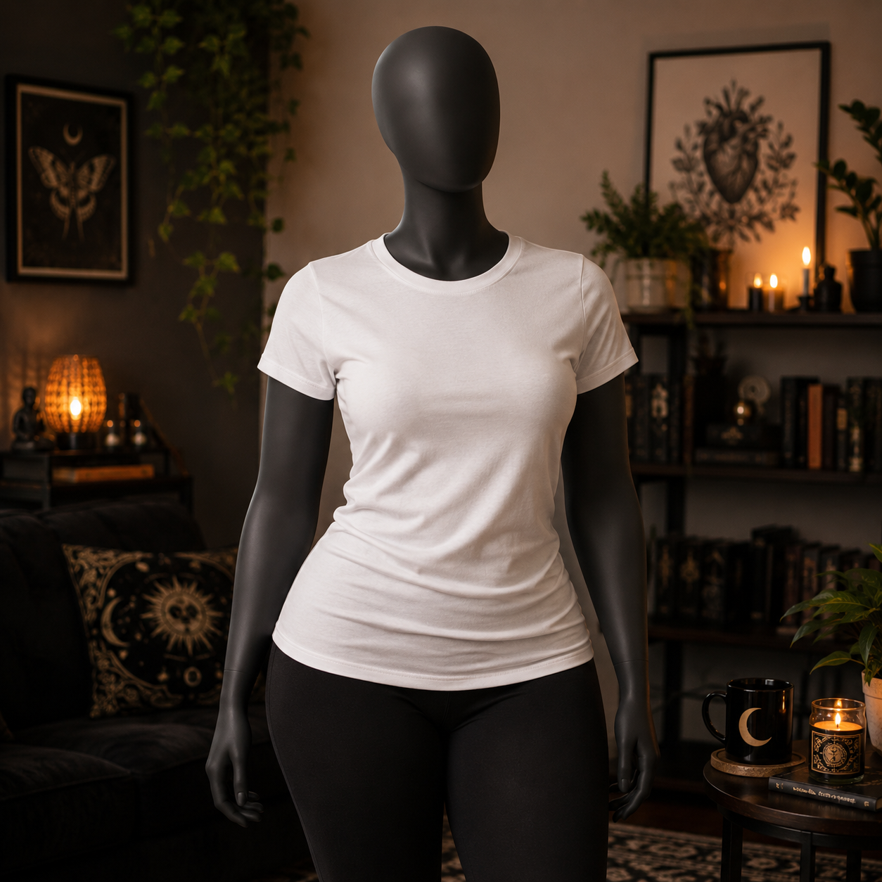A black mannequin torso wearing a plain white short-sleeve crew-neck T-shirt and black leggings, standing in a dimly lit cozy room with shelves, candles, framed wall art, and plants in the background.