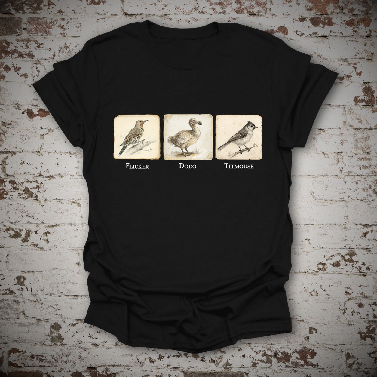 Flicker Dodo Titmouse Anti-Trump Bird Graphic T-Shirt, flat lay mockup