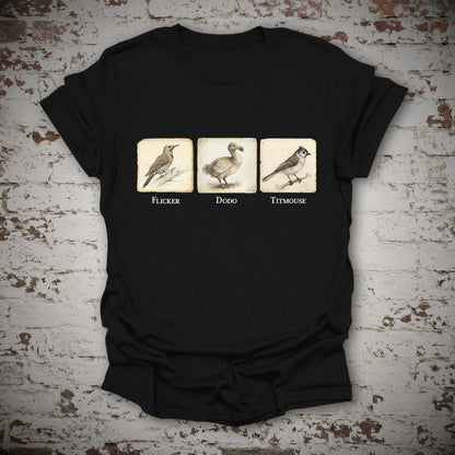 Flicker Dodo Titmouse Anti-Trump Bird Graphic T-Shirt, flat lay mockup
