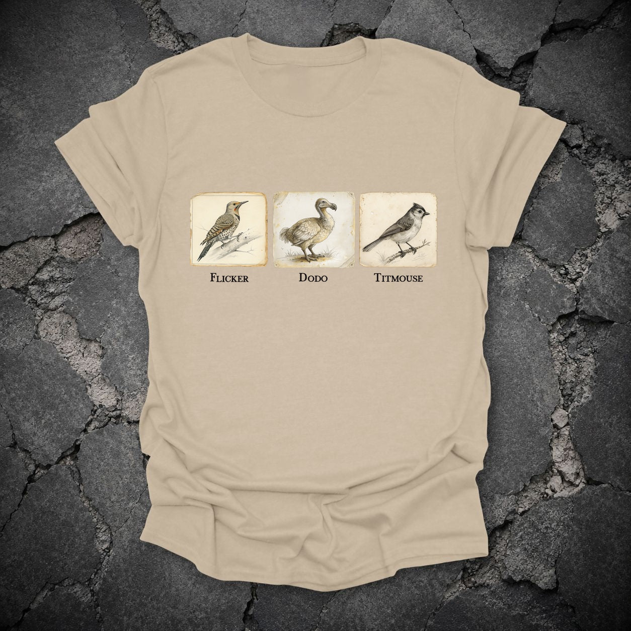 Flicker Dodo Titmouse Anti-Trump Bird Graphic T-Shirt, flat lay mockup