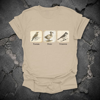 Flicker Dodo Titmouse Anti-Trump Bird Graphic T-Shirt, flat lay mockup