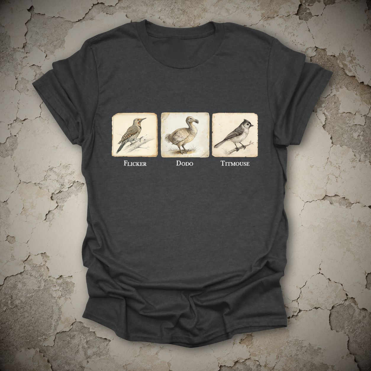 Flicker Dodo Titmouse Anti-Trump Bird Graphic T-Shirt, flat lay mockup
