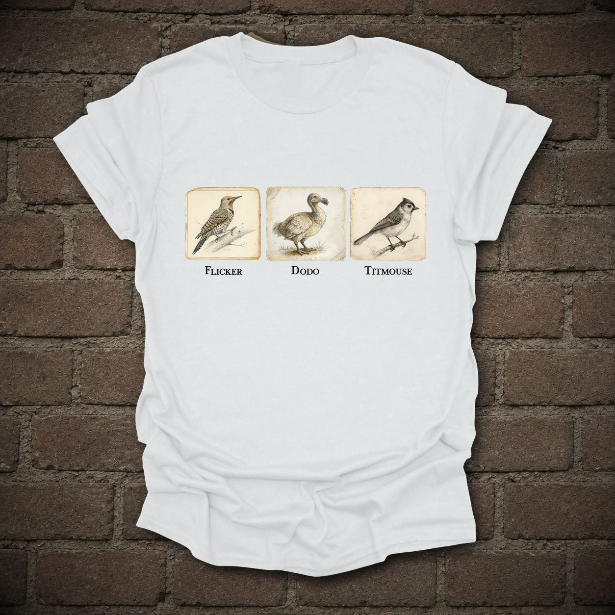 Flicker Dodo Titmouse Anti-Trump Bird Graphic T-Shirt, flat lay mockup