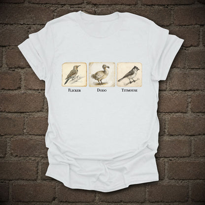 Flicker Dodo Titmouse Anti-Trump Bird Graphic T-Shirt, flat lay mockup