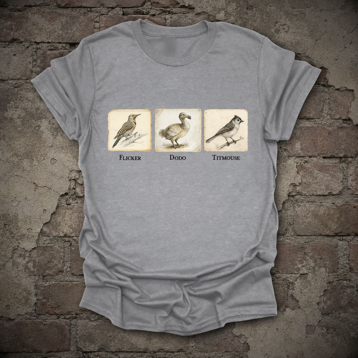 Flicker Dodo Titmouse Anti-Trump Bird Graphic T-Shirt, flat lay mockup