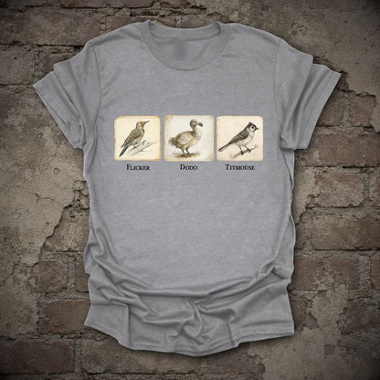 Flicker Dodo Titmouse Anti-Trump Bird Graphic T-Shirt, flat lay mockup