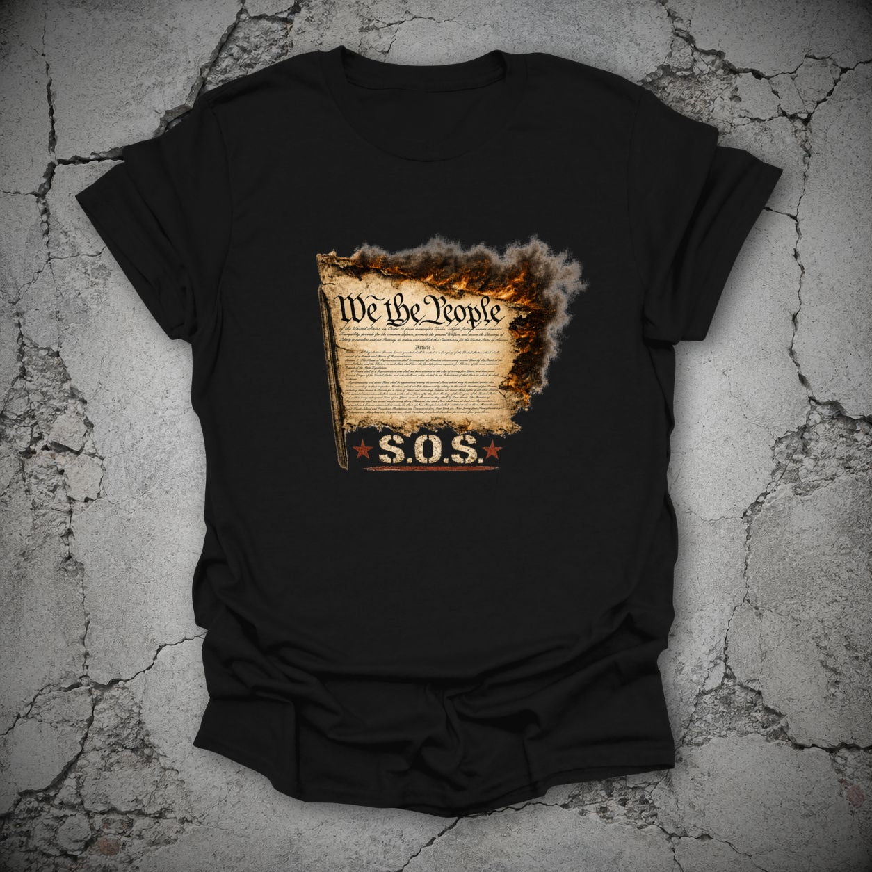 We the People Constitution SOS T-Shirt, flat lay mockup