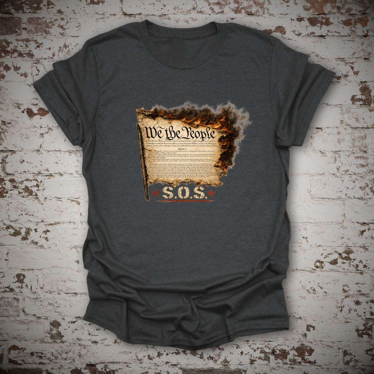 We the People Constitution SOS T-Shirt, flat lay mockup