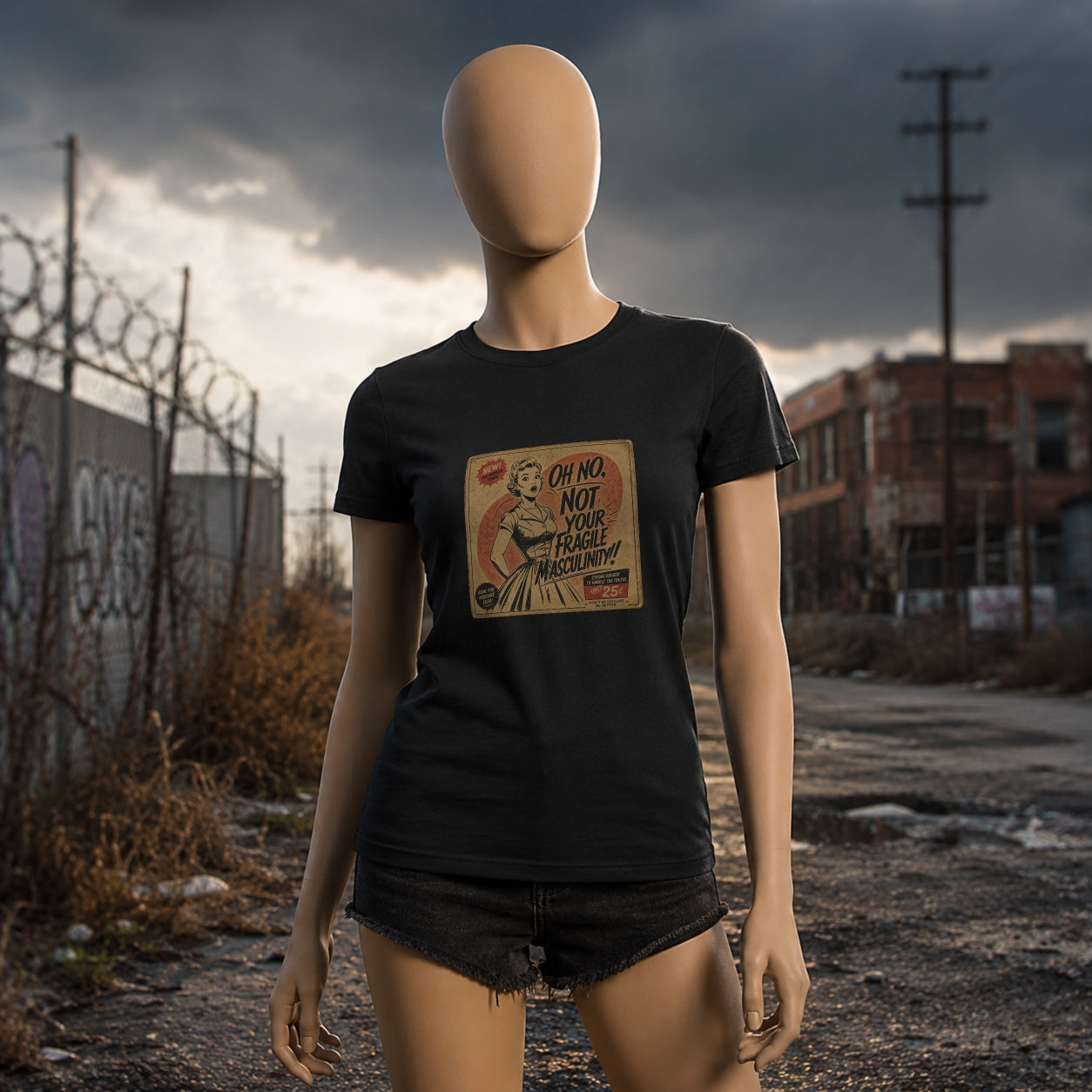 Oh No Not Your Fragile Masculinity Feminist T-Shirt in Black, mannequin mockup