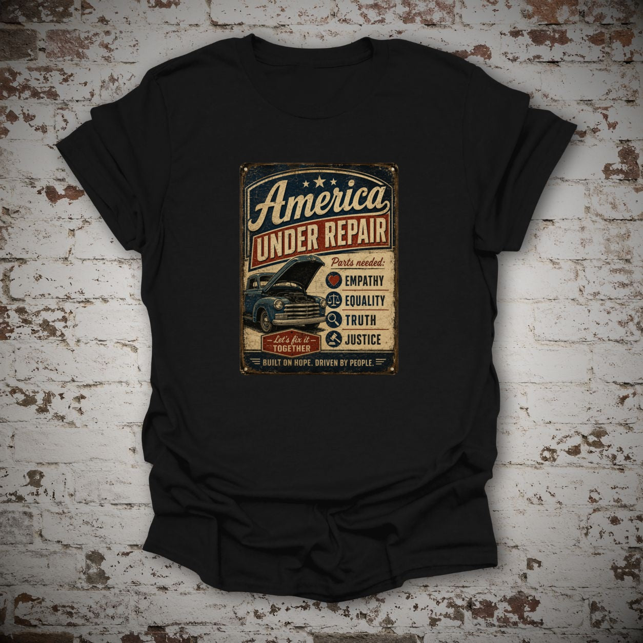 America Under Repair Political T-Shirt in Black, flat lay mockup