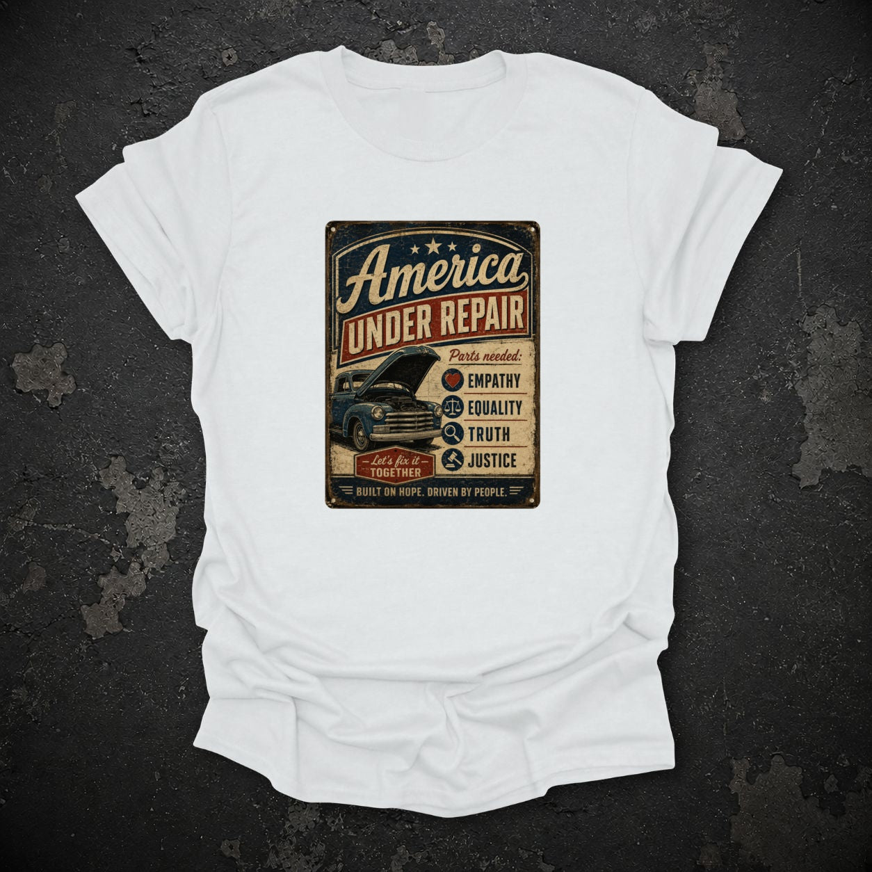 America Under Repair Political T-Shirt in White, flat lay mockup