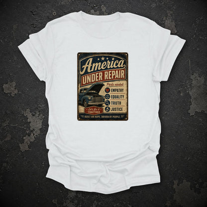 America Under Repair Political T-Shirt in White, flat lay mockup