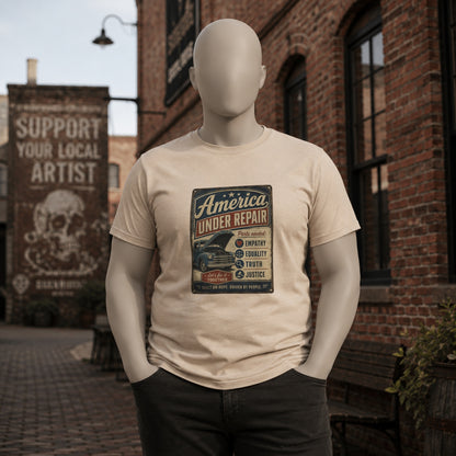 America Under Repair Political T-Shirt in Sand, mannequin mockup