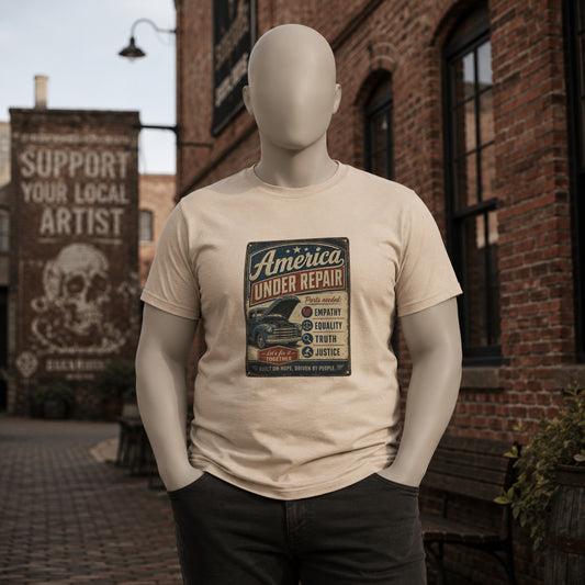 America Under Repair Political T-Shirt in Sand, mannequin mockup