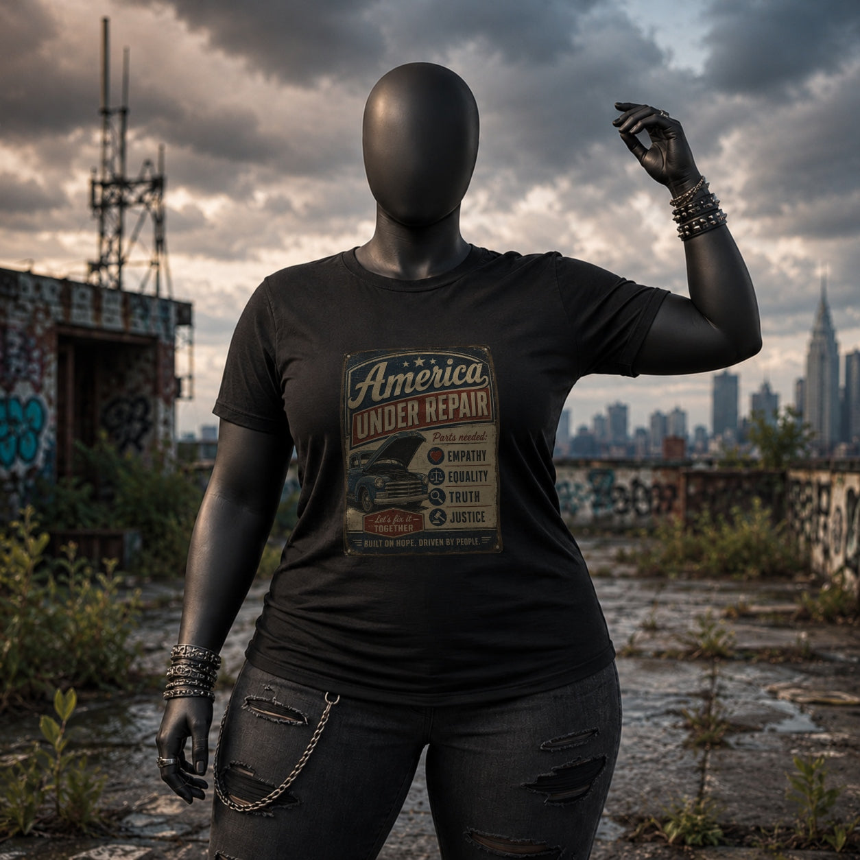 America Under Repair Political T-Shirt in Black, mannequin mockup