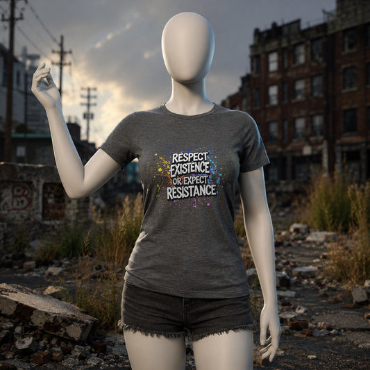 Respect Existence or Expect Resistance T-Shirt in Dark Heather Grey, mannequin mockup