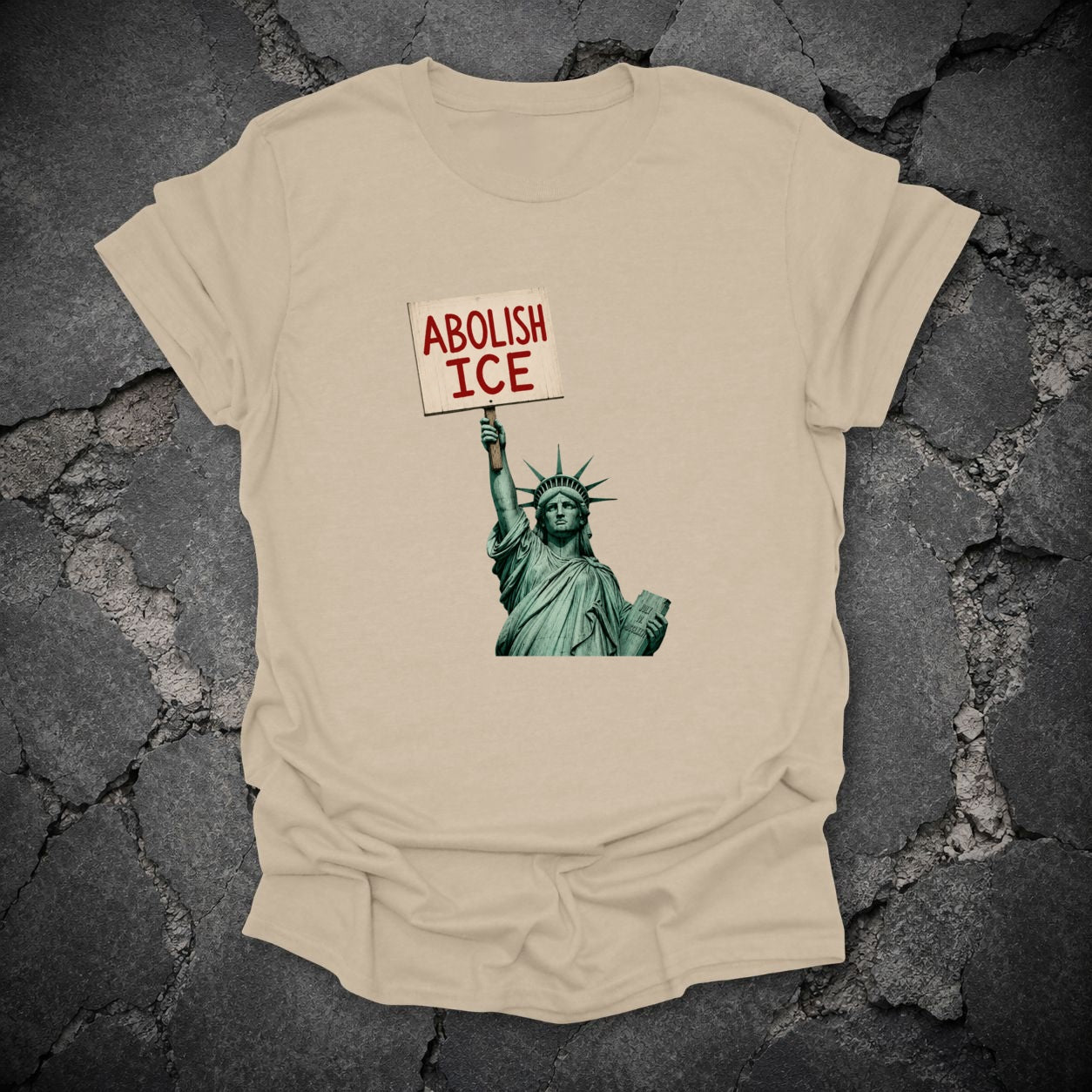 Sand Abolish ICE Statue of Liberty T-shirt flat lay mockup