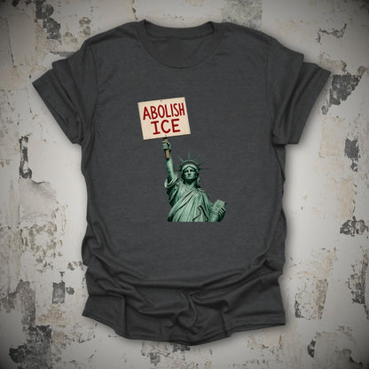 Dark heather grey Abolish ICE Statue of Liberty T-shirt flat lay mockup