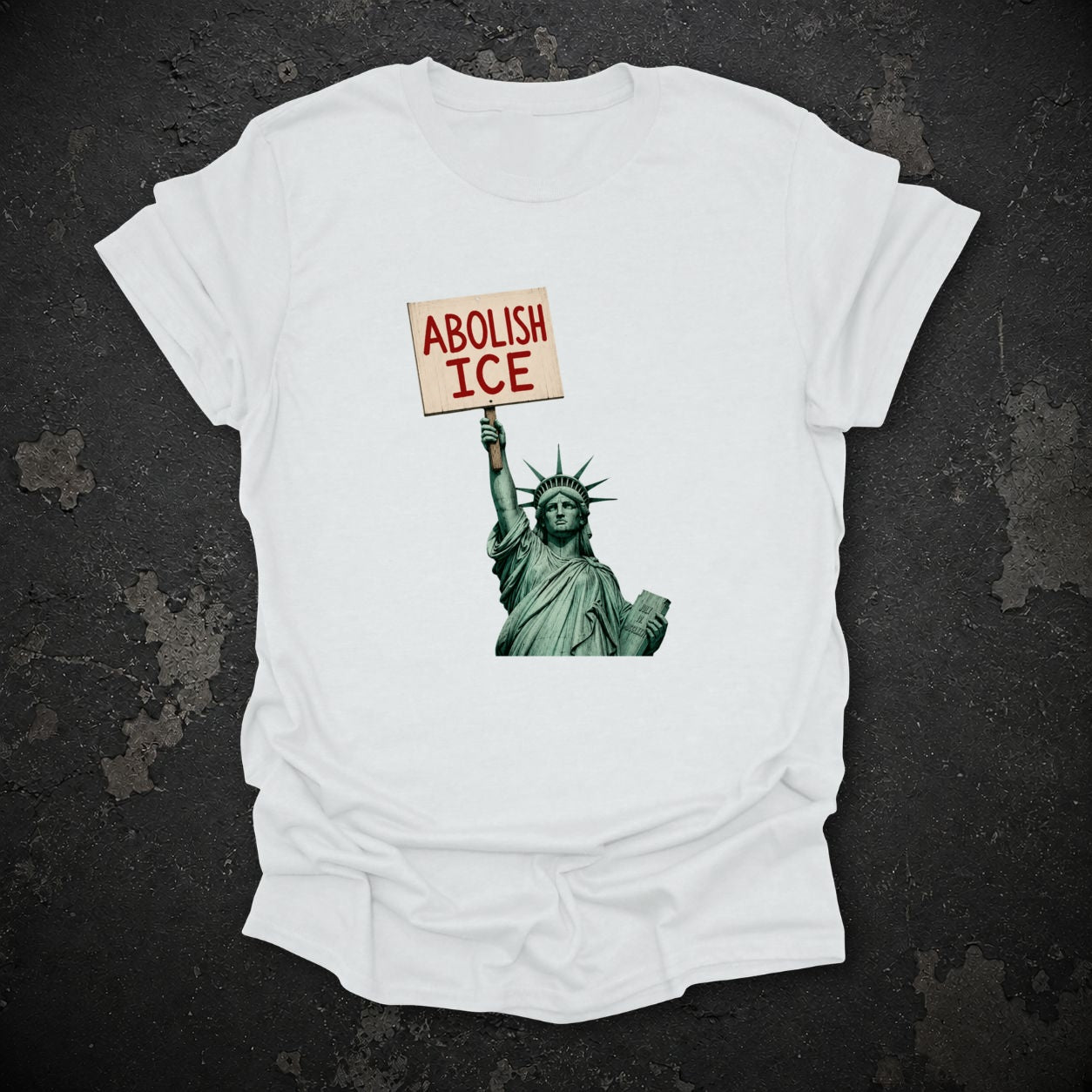 White Abolish ICE Statue of Liberty T-shirt flat lay mockup