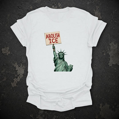 White Abolish ICE Statue of Liberty T-shirt flat lay mockup