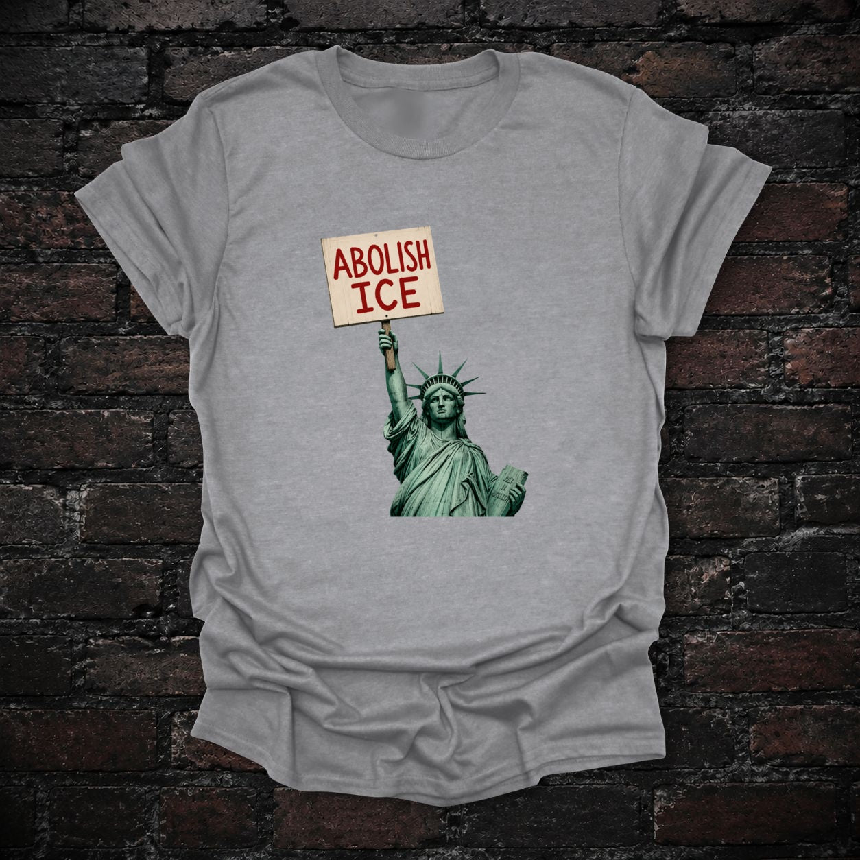 Sport grey Abolish ICE Statue of Liberty T-shirt flat lay mockup