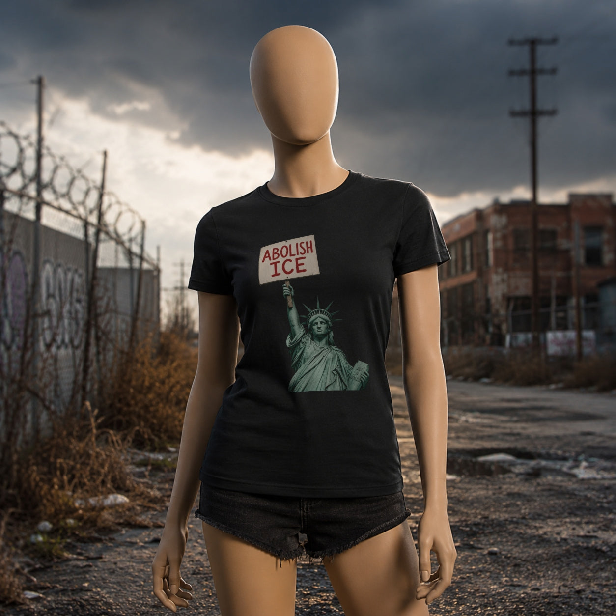 Black Abolish ICE Statue of Liberty T-shirt on a matte mannequin in an industrial urban setting