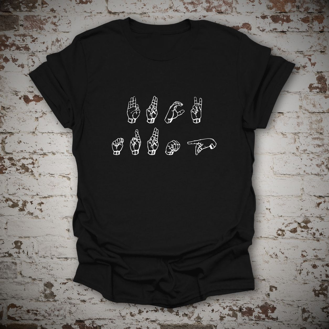 FDT Sign Language Anti-Trump Graphic T-Shirt in Black, flat lay mockup