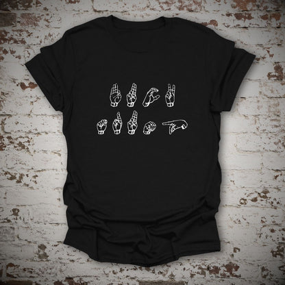 FDT Sign Language Anti-Trump Graphic T-Shirt in Black, flat lay mockup