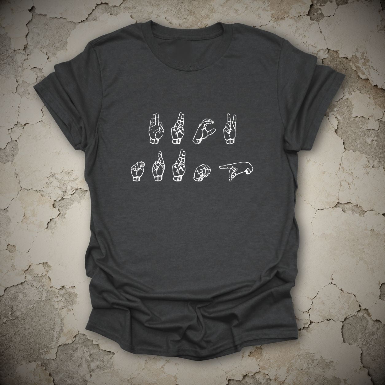 FDT Sign Language Anti-Trump Graphic T-Shirt in Dark Heather Grey, flat lay mockup