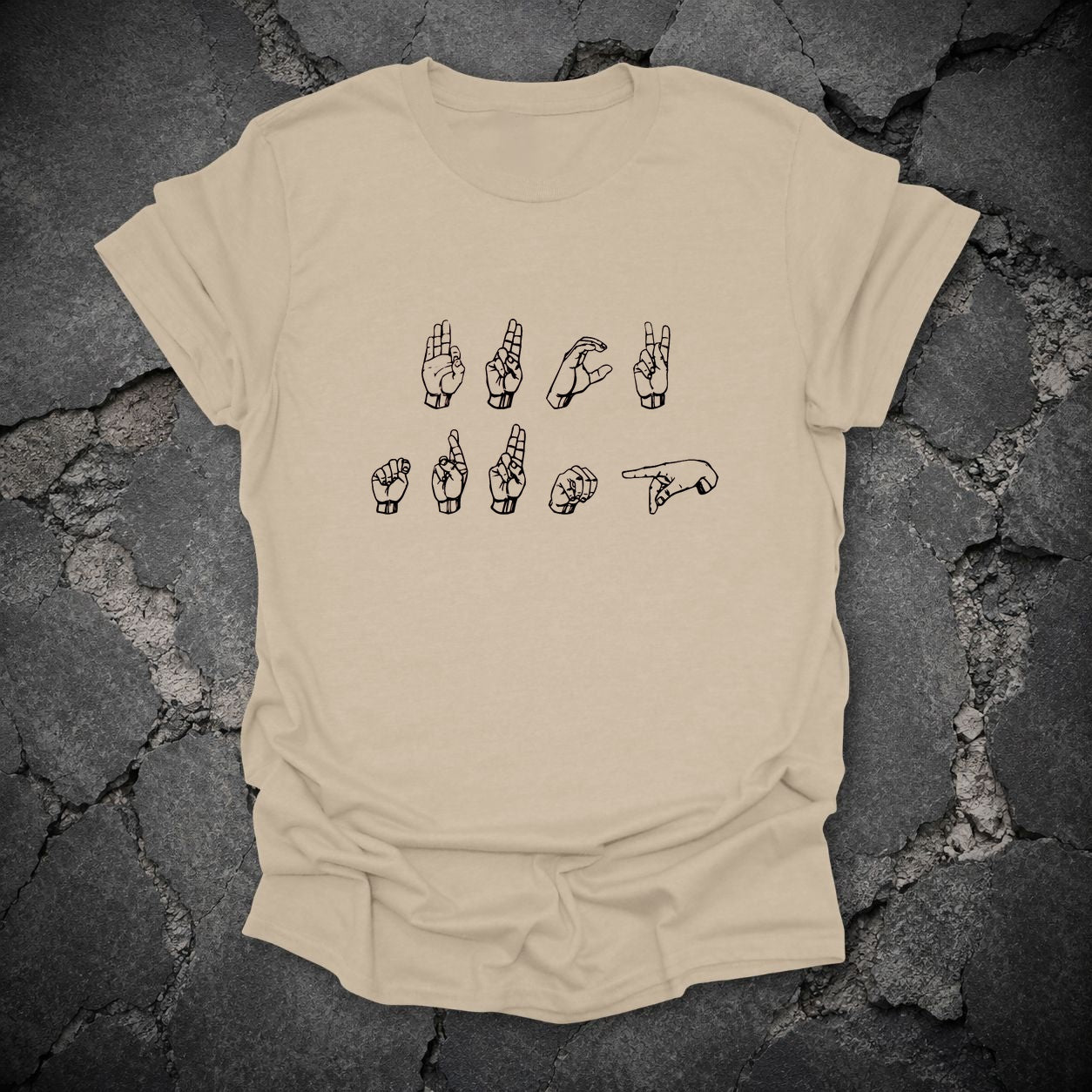 FDT Sign Language Anti-Trump Graphic T-Shirt in Sand, flat lay mockup