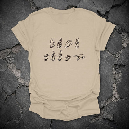 FDT Sign Language Anti-Trump Graphic T-Shirt in Sand, flat lay mockup