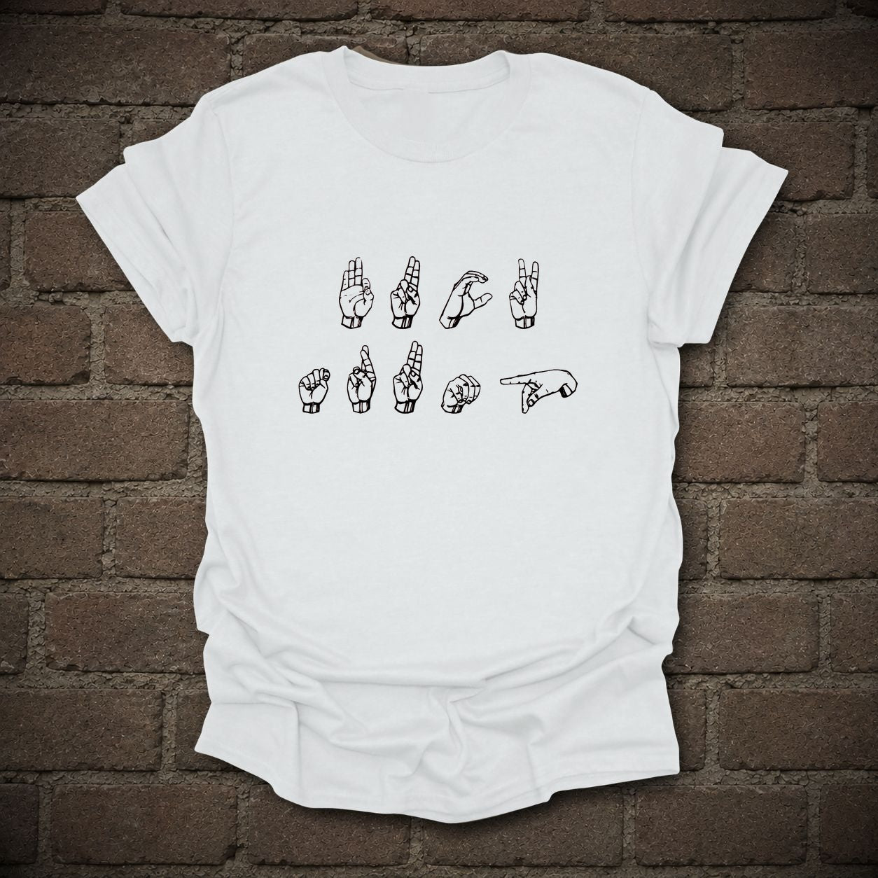 FDT Sign Language Anti-Trump Graphic T-Shirt in White, flat lay mockup