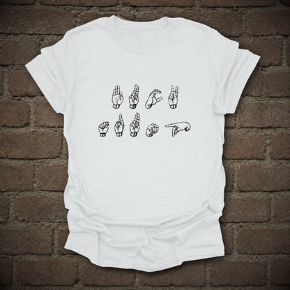 FDT Sign Language Anti-Trump Graphic T-Shirt in White, flat lay mockup