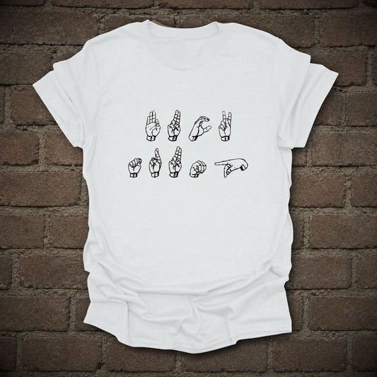FDT Sign Language Anti-Trump Graphic T-Shirt in White, flat lay mockup