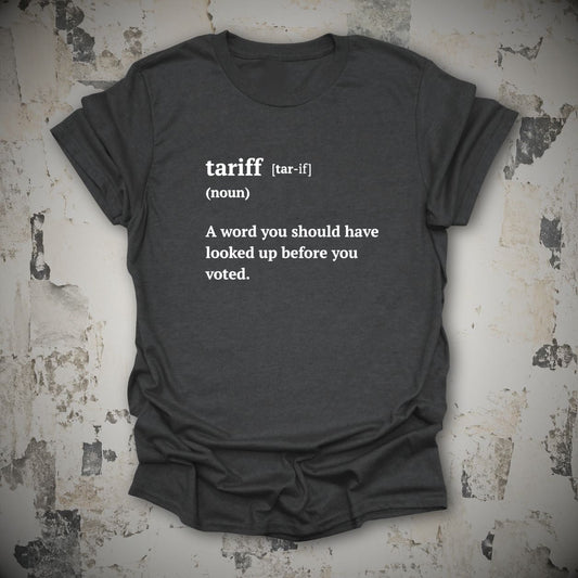 Tariff Definition Political Economics T-Shirt in Dark Heather Grey, flat lay mockup