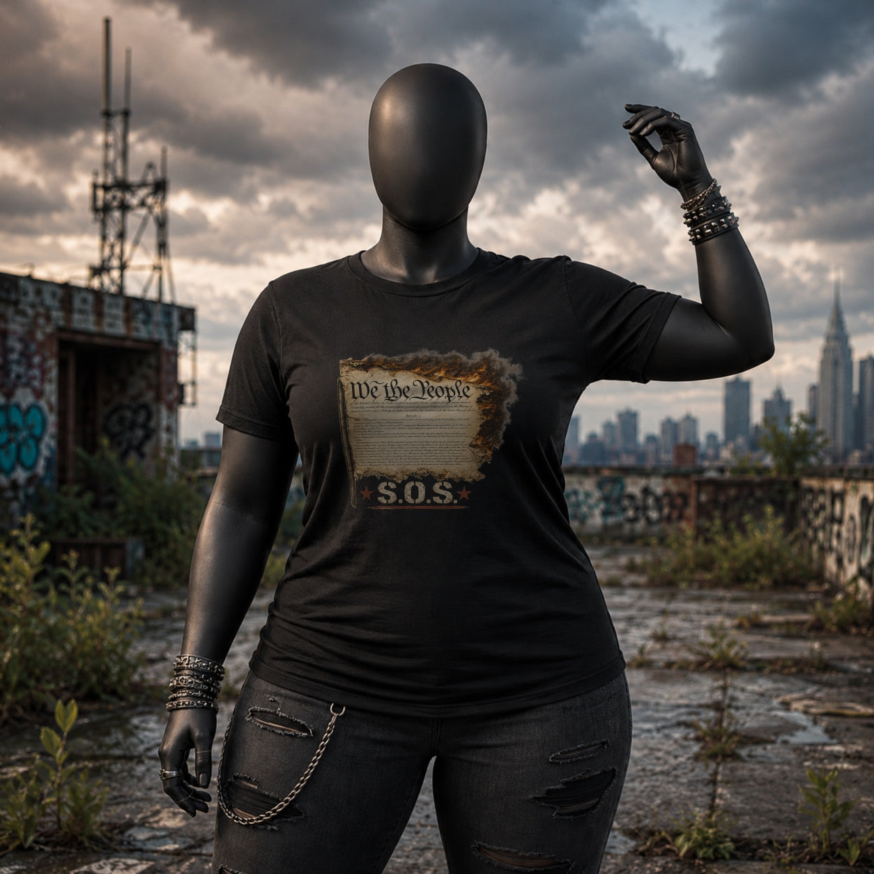 Black We the People Burn T-shirt on a matte black mannequin in an urban rooftop setting