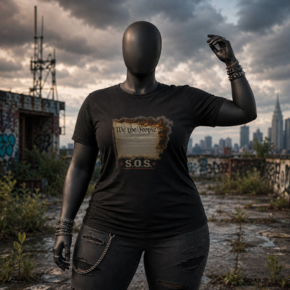 Black We the People Burn T-shirt on a matte black mannequin in an urban rooftop setting